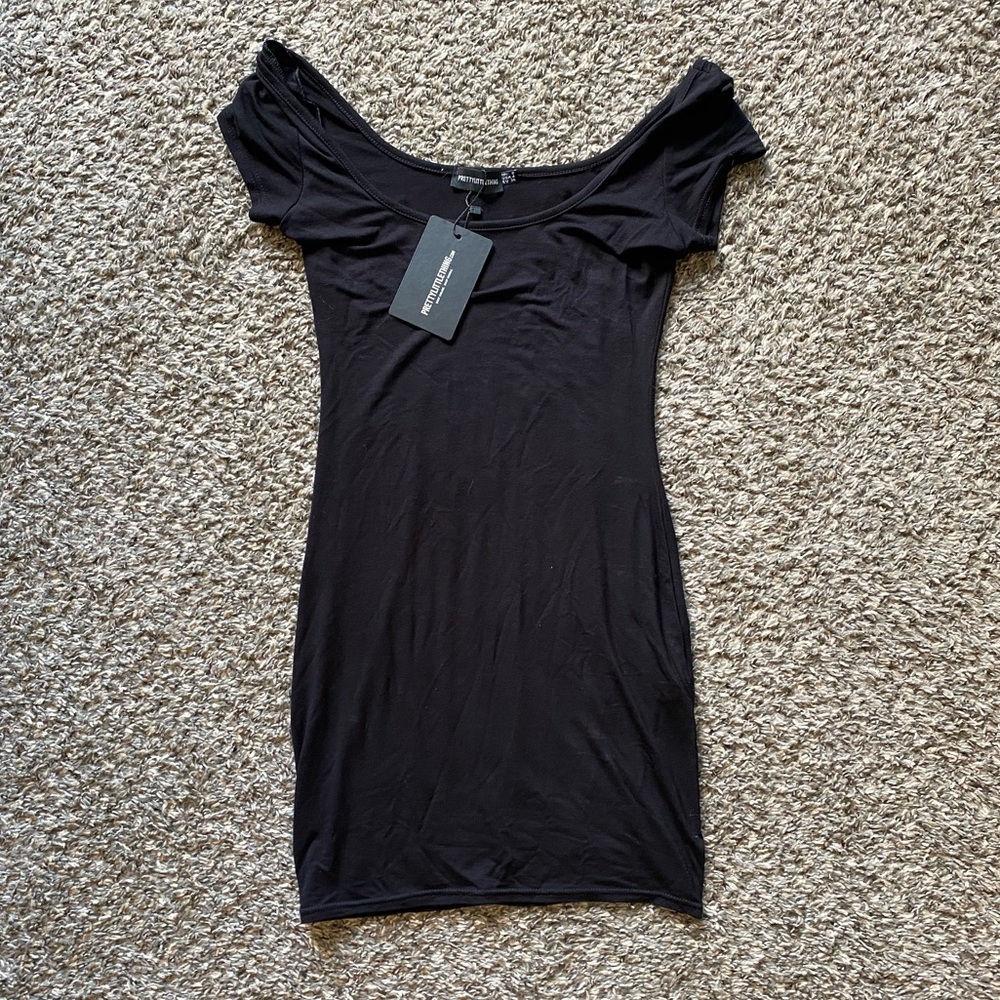 PrettyLittleThing petite black cap sleeve mini dress